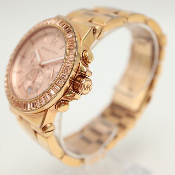 Michael Kors Dylan Rose Gold Tone Chronograph Watch Gem Bezel MK5412 New Battery - Picture 9 of 12